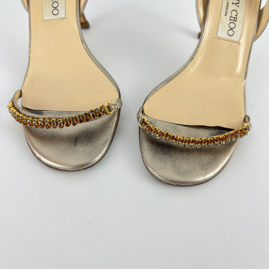 Jimmy Choo | Metallic Silver Leather Crystal Strap Slingback Heels (36.5)