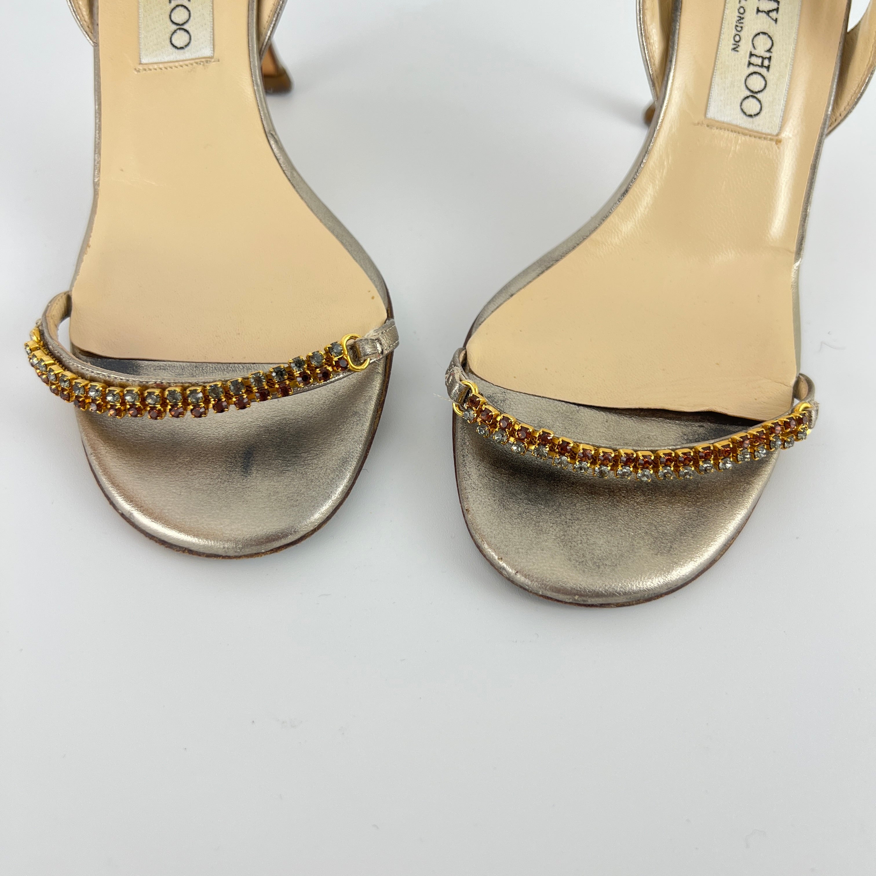 Jimmy Choo | Metallic Silver Leather Crystal Strap Slingback Heels (36.5)