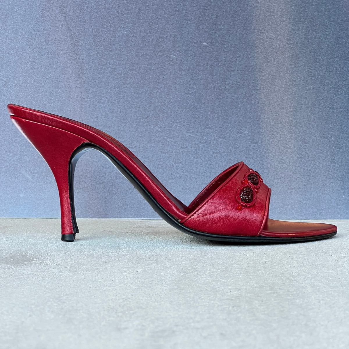 Sergio Rossi | Red Beaded Leather Slide Stiletto Mules (38.5)