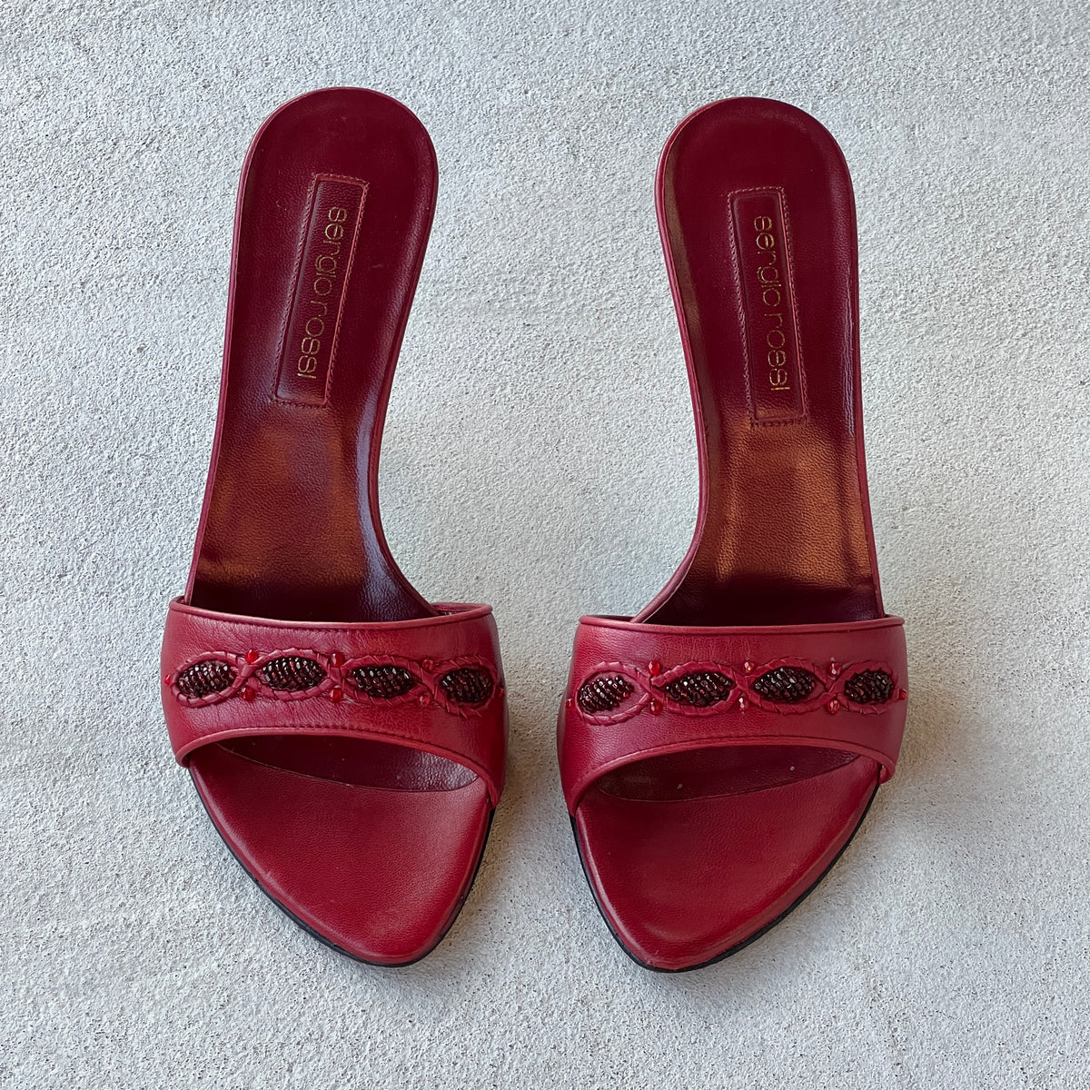 Sergio Rossi | Red Beaded Leather Slide Stiletto Mules (38.5)