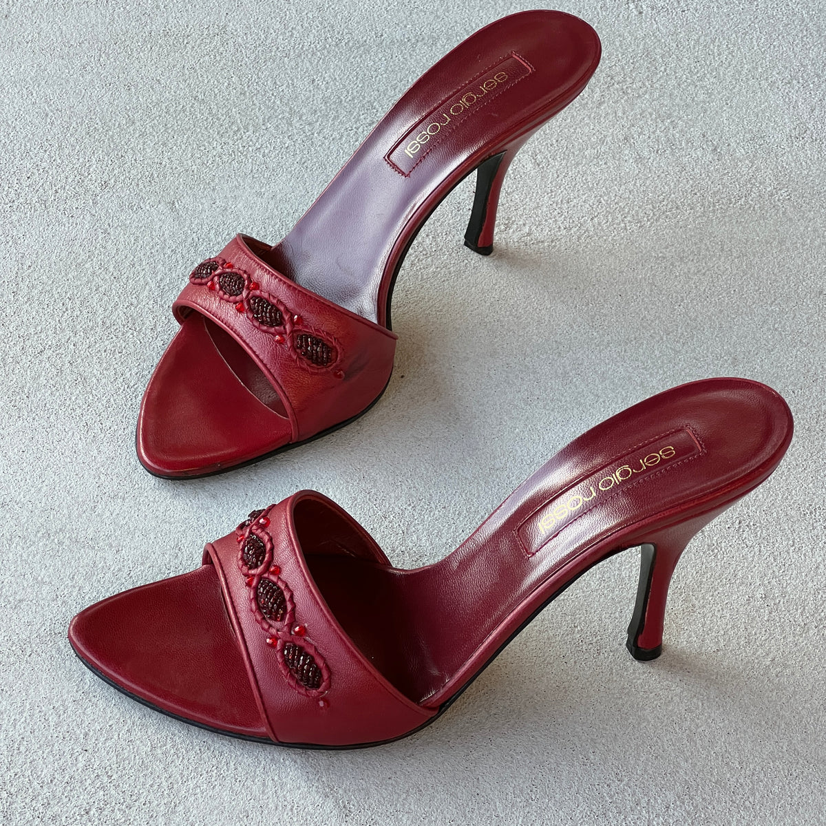 Sergio Rossi | Red Beaded Leather Slide Stiletto Mules (38.5)