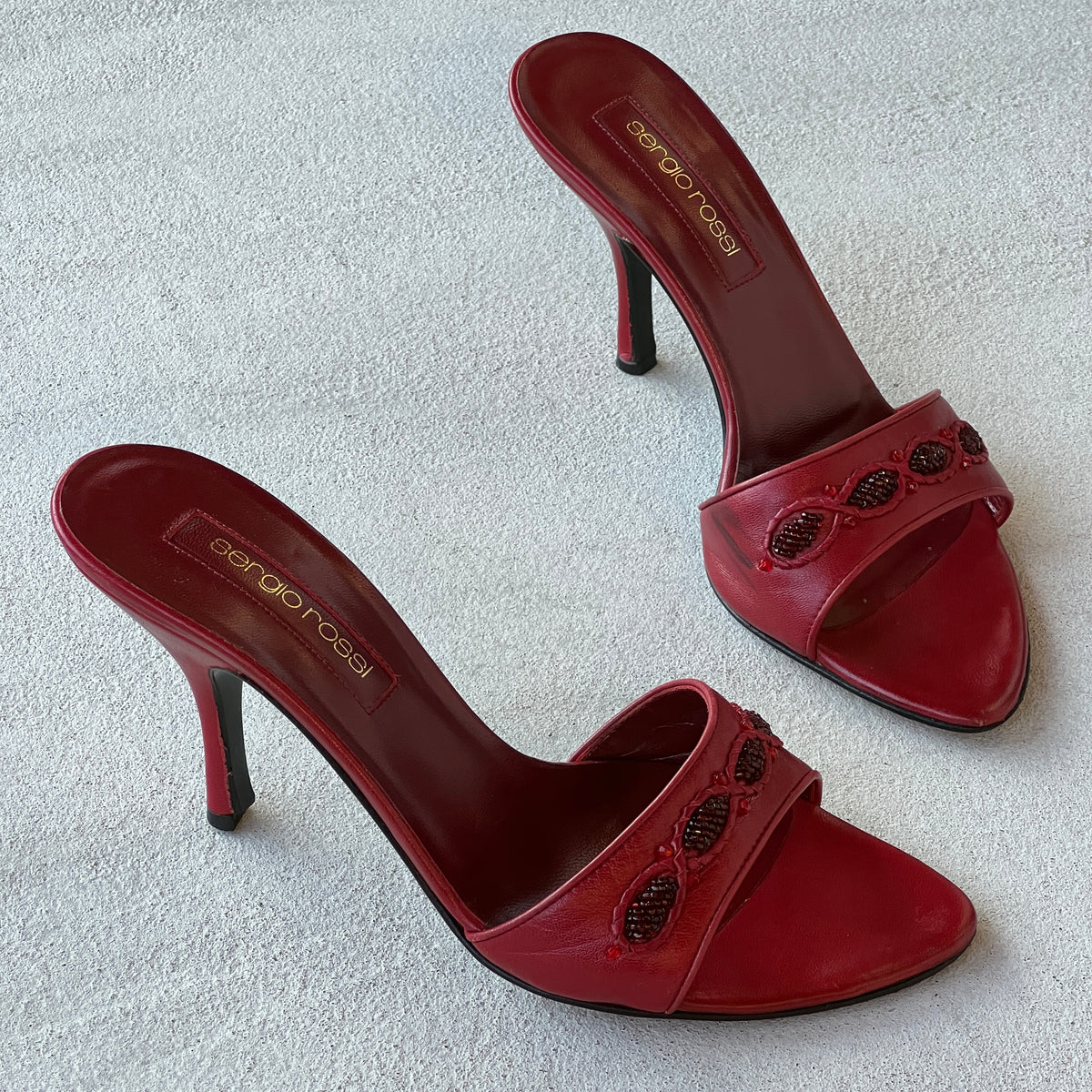 Sergio Rossi | Red Beaded Leather Slide Stiletto Mules (38.5)