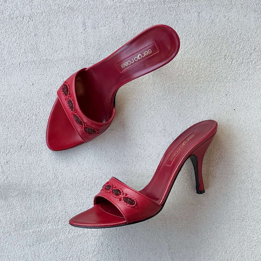 Sergio Rossi | Red Beaded Leather Slide Stiletto Mules (38.5)