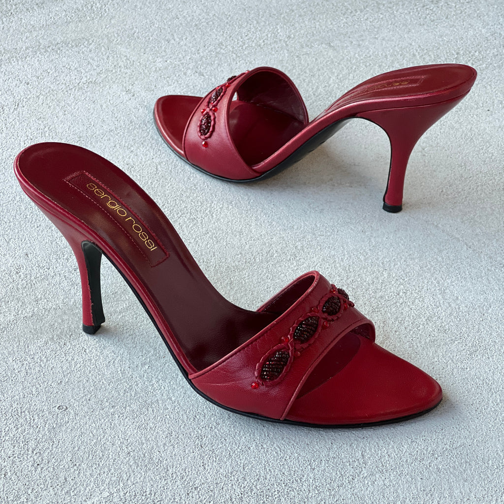 Sergio Rossi | Red Beaded Leather Slide Stiletto Mules (38.5)