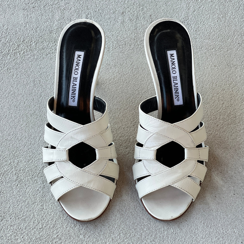 Manolo Blahnik | White Leather Cage Slide Mules (35.5)