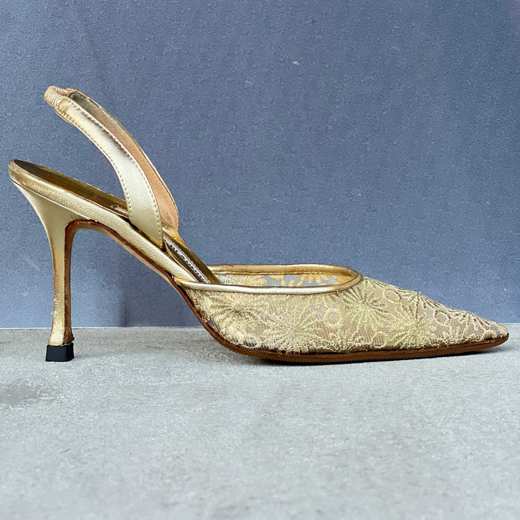 Manolo Blahnik | Vintage Gold Mesh Carolyne Pointed Slingback Heels (36)