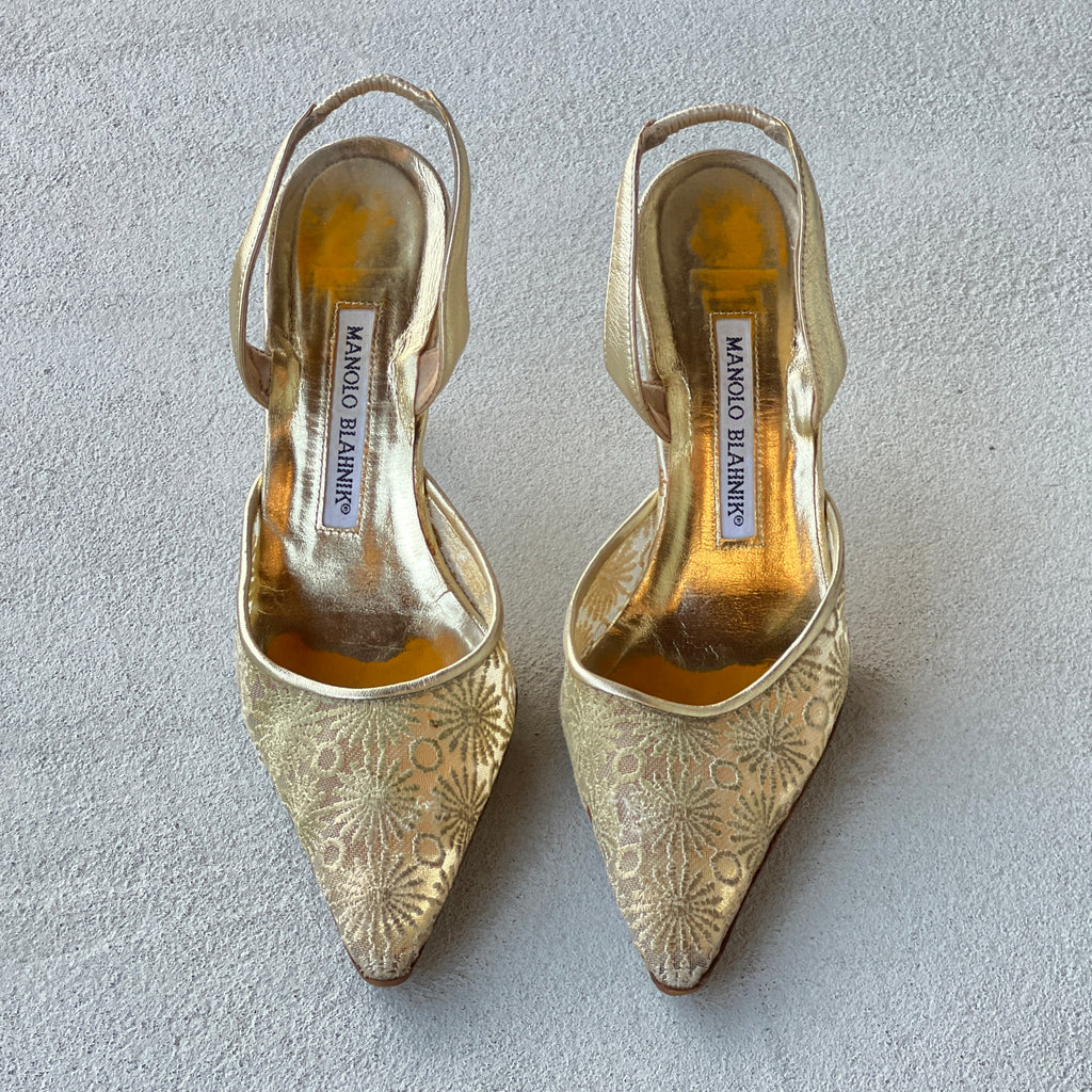 Manolo Blahnik | Vintage Gold Mesh Carolyne Pointed Slingback Heels (36)