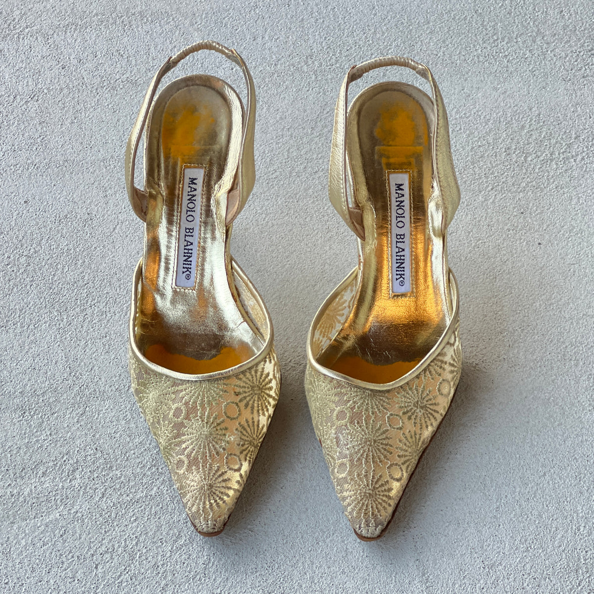 Manolo Blahnik | Vintage Gold Mesh Carolyne Pointed Slingback Heels (36)
