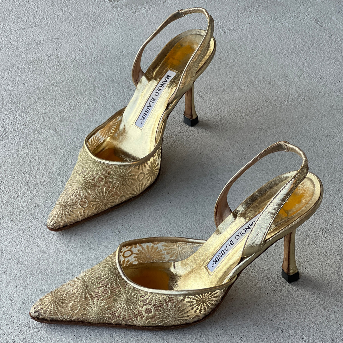 Manolo Blahnik | Vintage Gold Mesh Carolyne Pointed Slingback Heels (36)