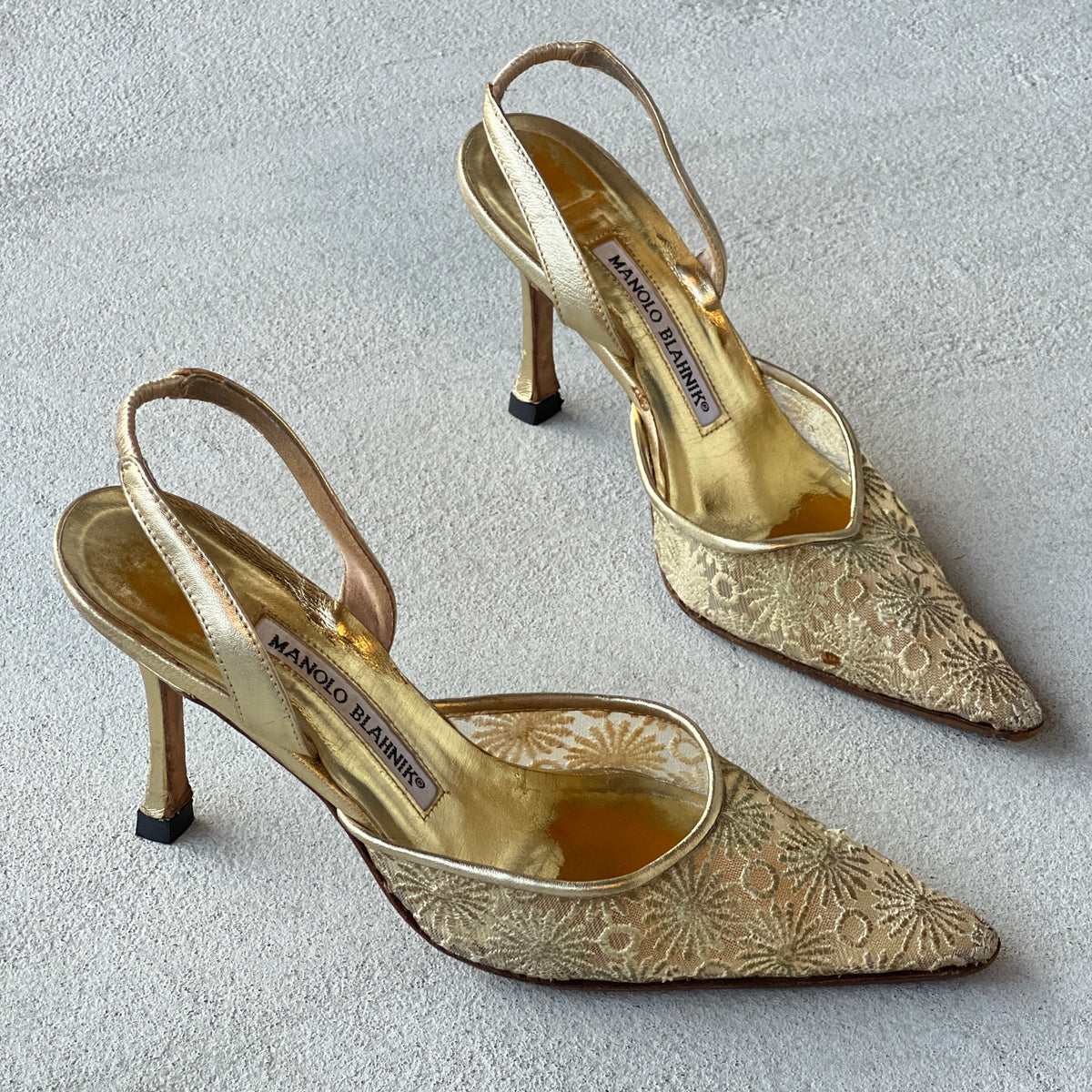Manolo Blahnik | Vintage Gold Mesh Carolyne Pointed Slingback Heels (36)