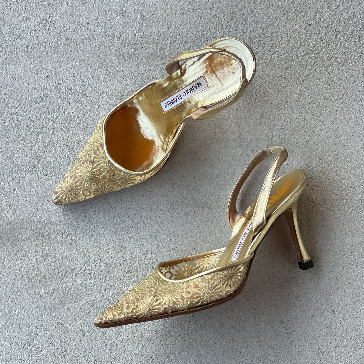 Manolo Blahnik | Vintage Gold Mesh Carolyne Pointed Slingback Heels (36)