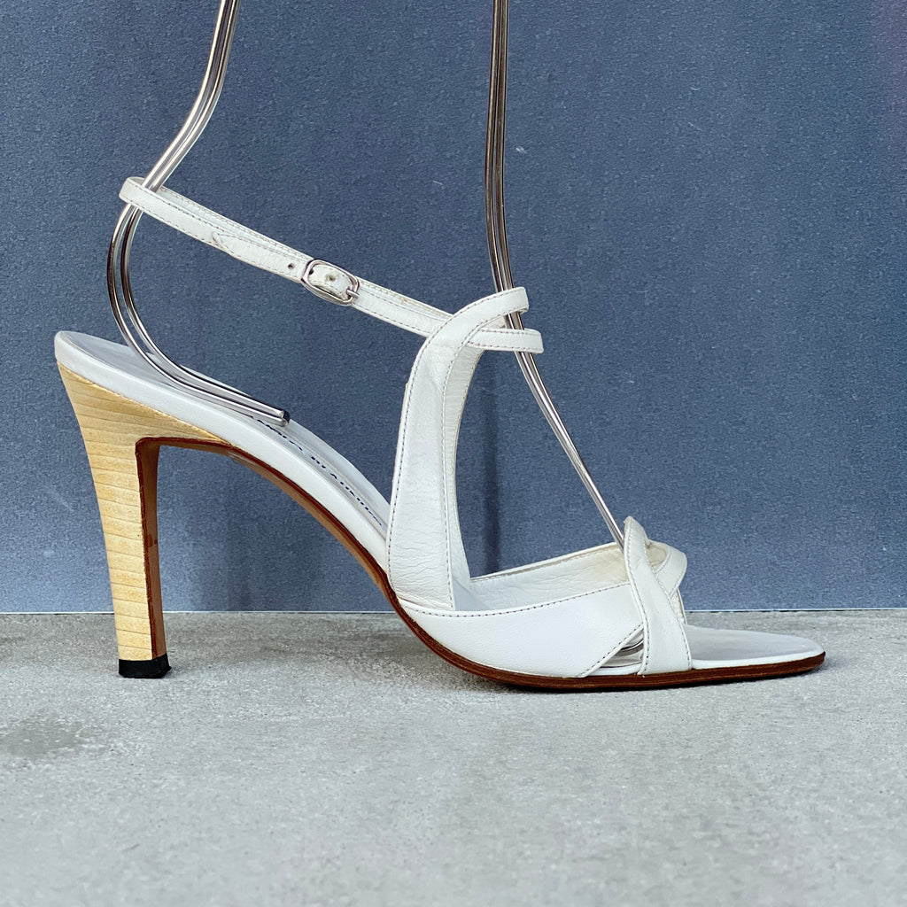 Manolo Blahnik | White Leather Strappy Ankle Wrap Sandal Heels (36.5)
