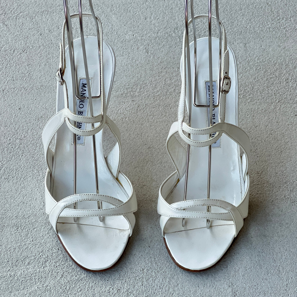 Manolo Blahnik | White Leather Strappy Ankle Wrap Sandal Heels (36.5)
