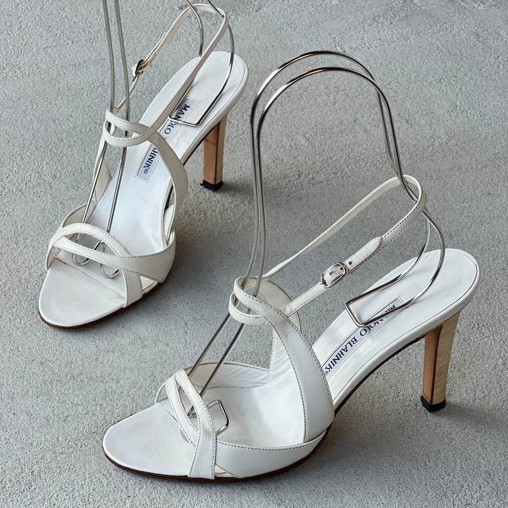 Manolo Blahnik | White Leather Strappy Ankle Wrap Sandal Heels (36.5)