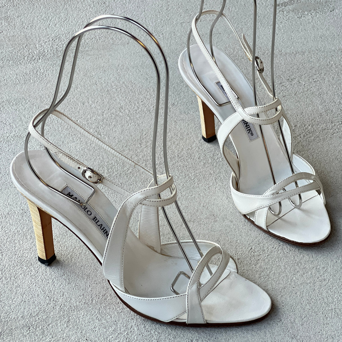 Manolo Blahnik | White Leather Strappy Ankle Wrap Sandal Heels (36.5)