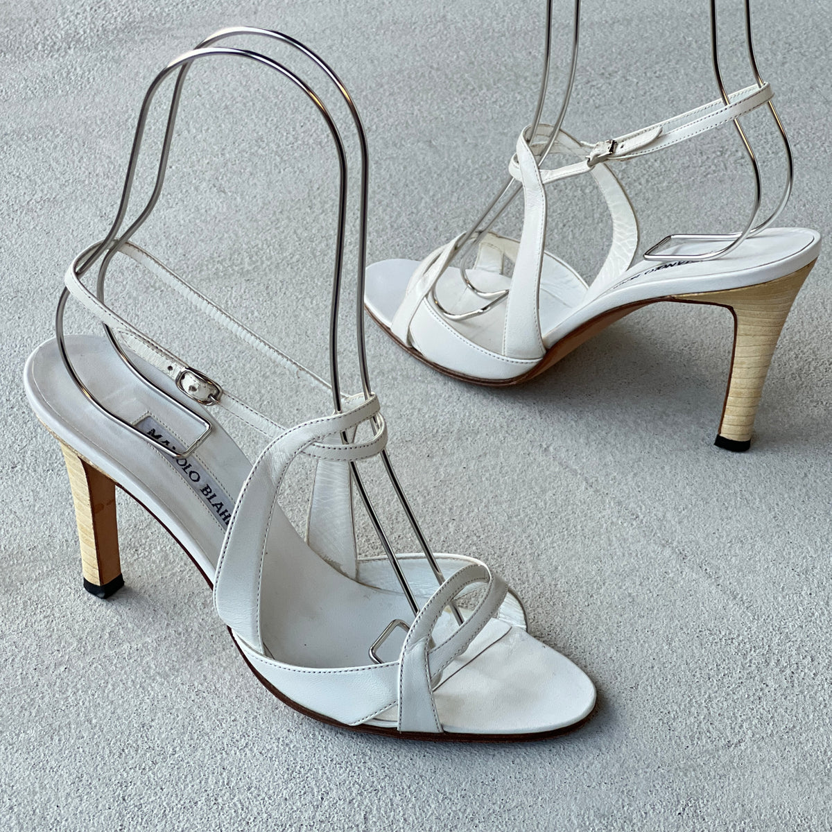 Manolo Blahnik | White Leather Strappy Ankle Wrap Sandal Heels (36.5)