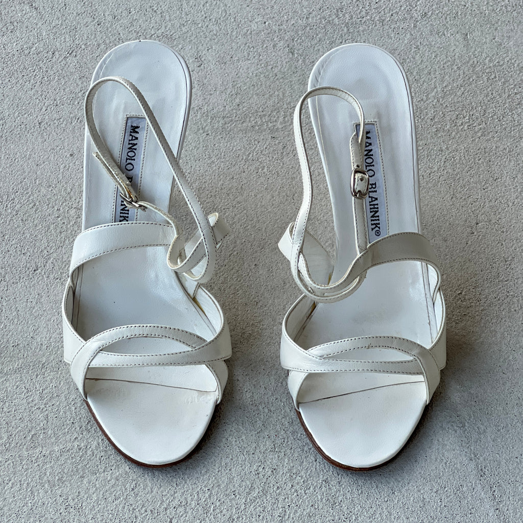 Manolo Blahnik | White Leather Strappy Ankle Wrap Sandal Heels (36.5)