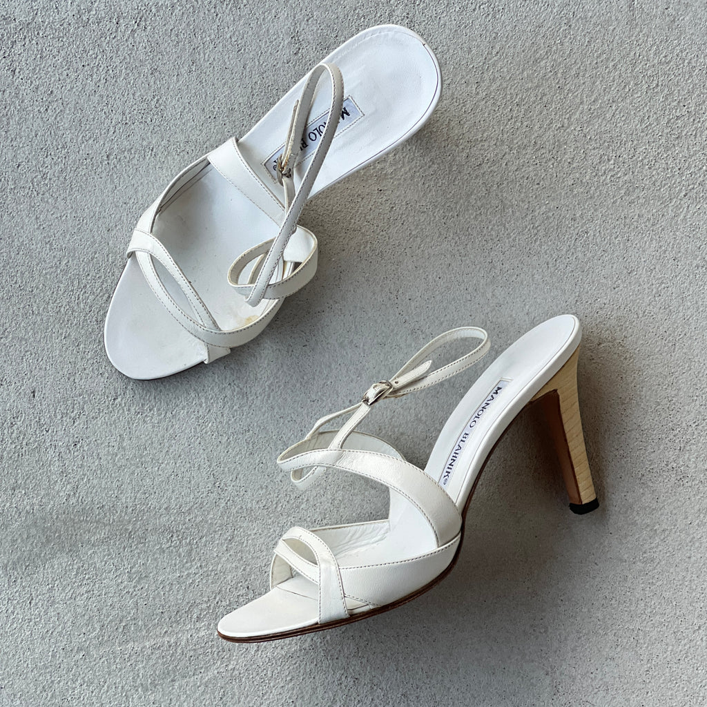 Manolo Blahnik | White Leather Strappy Ankle Wrap Sandal Heels (36.5)