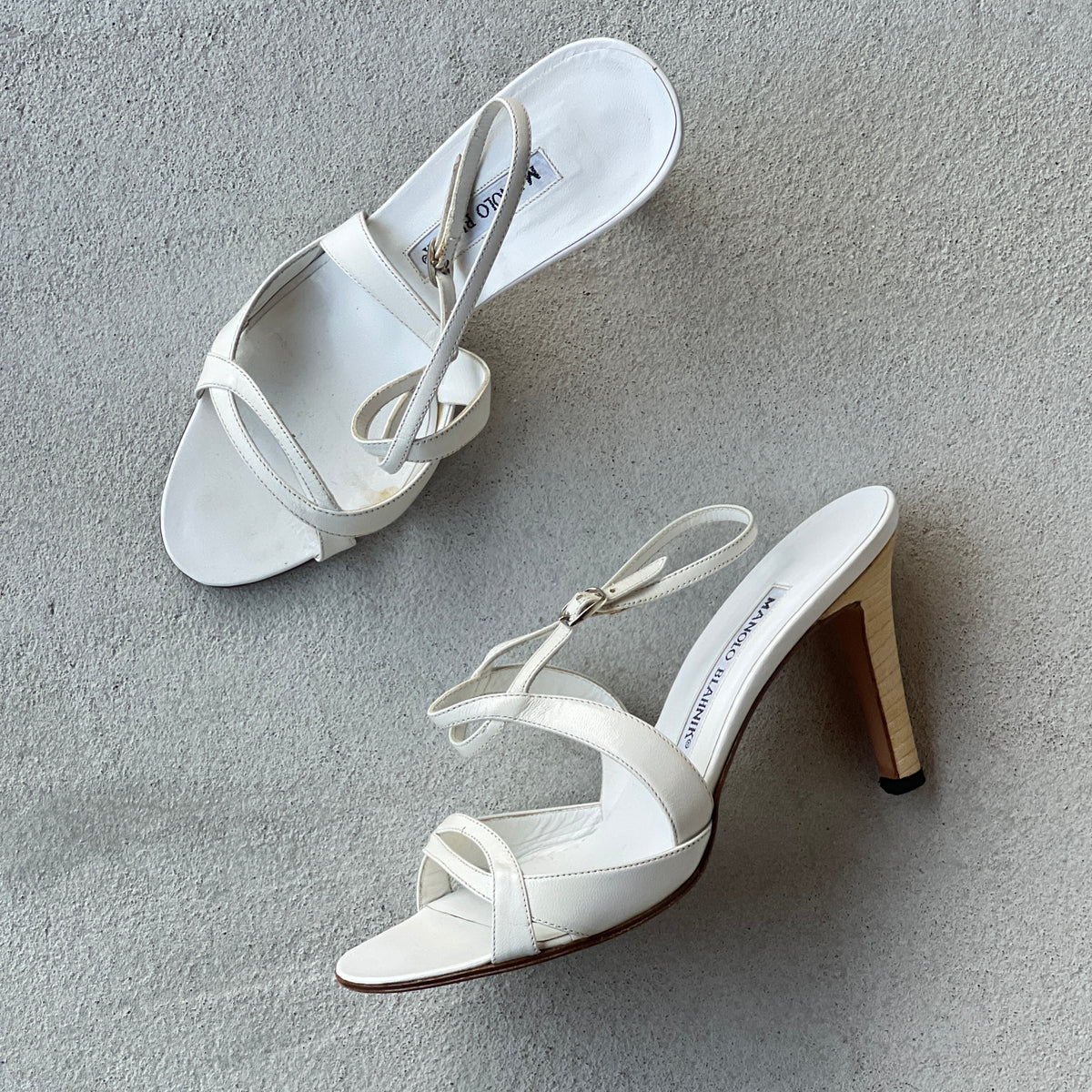 Manolo Blahnik | White Leather Strappy Ankle Wrap Sandal Heels (36.5)