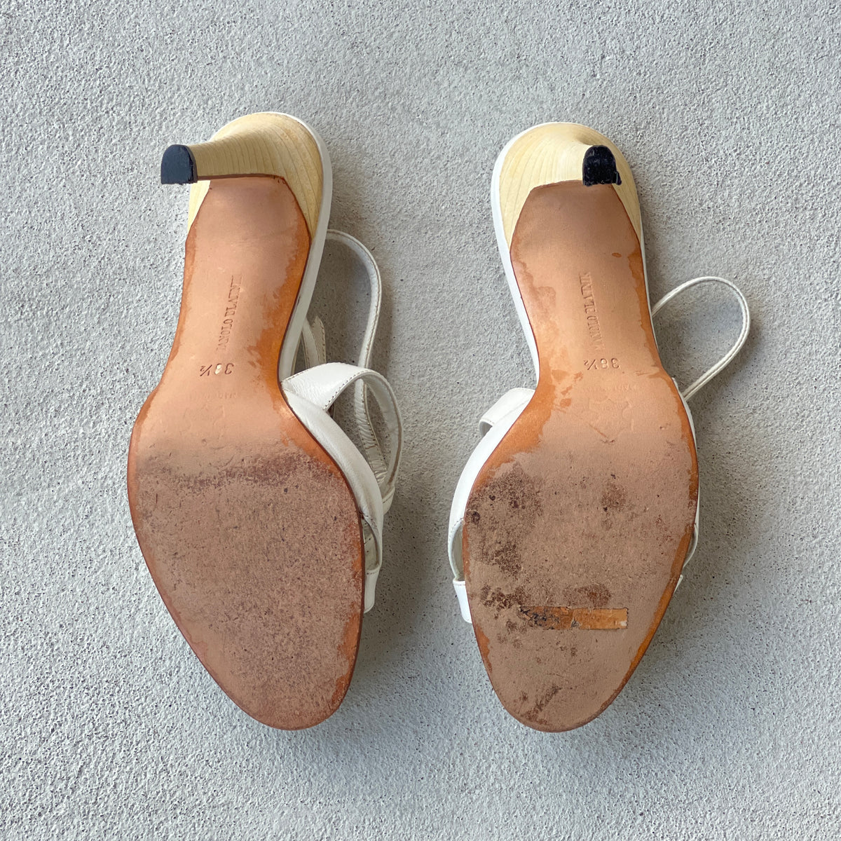 Manolo Blahnik | White Leather Strappy Ankle Wrap Sandal Heels (36.5)
