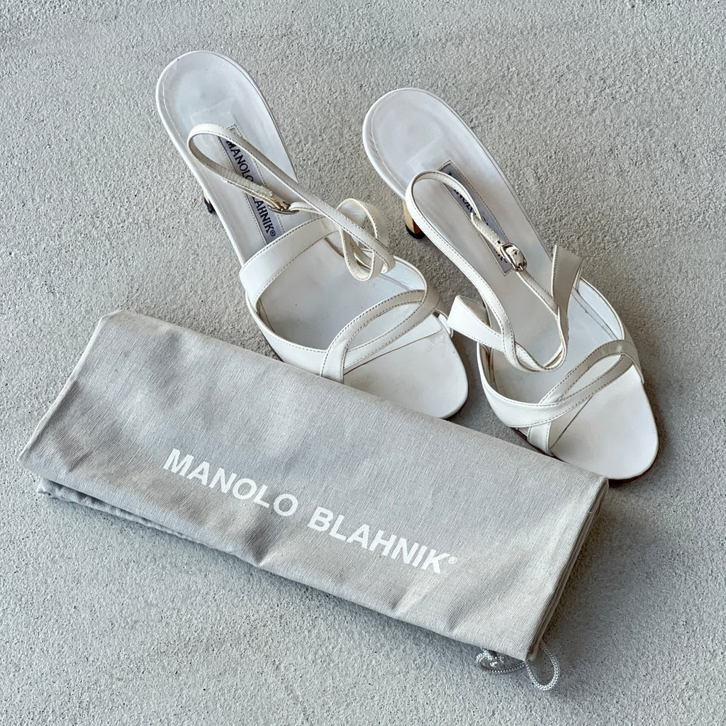 Manolo Blahnik | White Leather Strappy Ankle Wrap Sandal Heels (36.5)