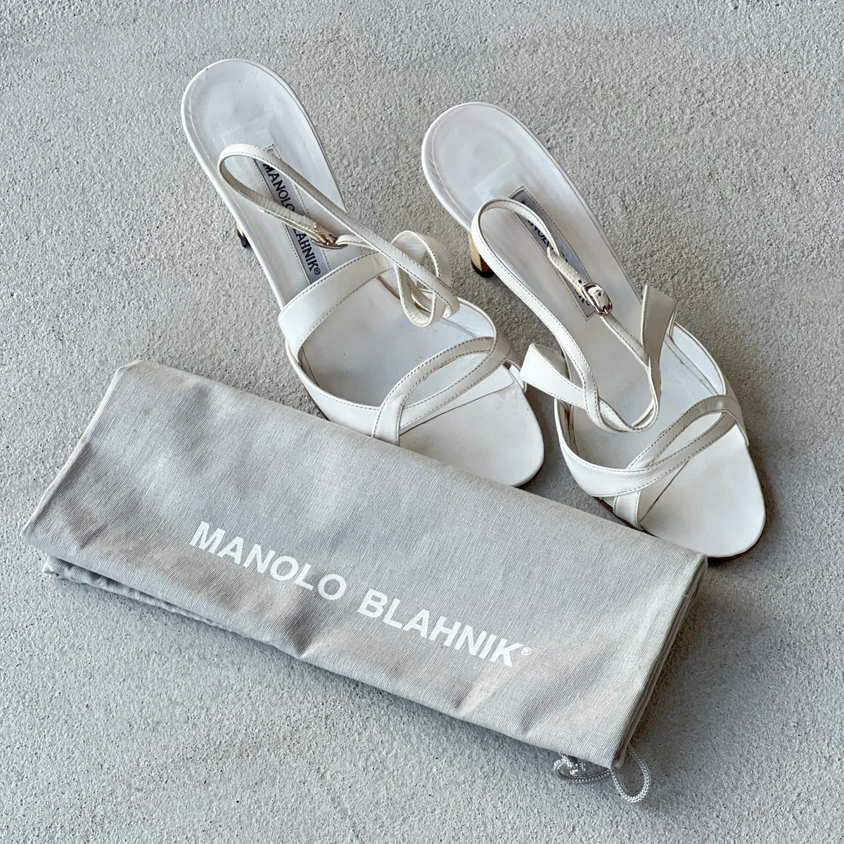 Manolo Blahnik | White Leather Strappy Ankle Wrap Sandal Heels (36.5)