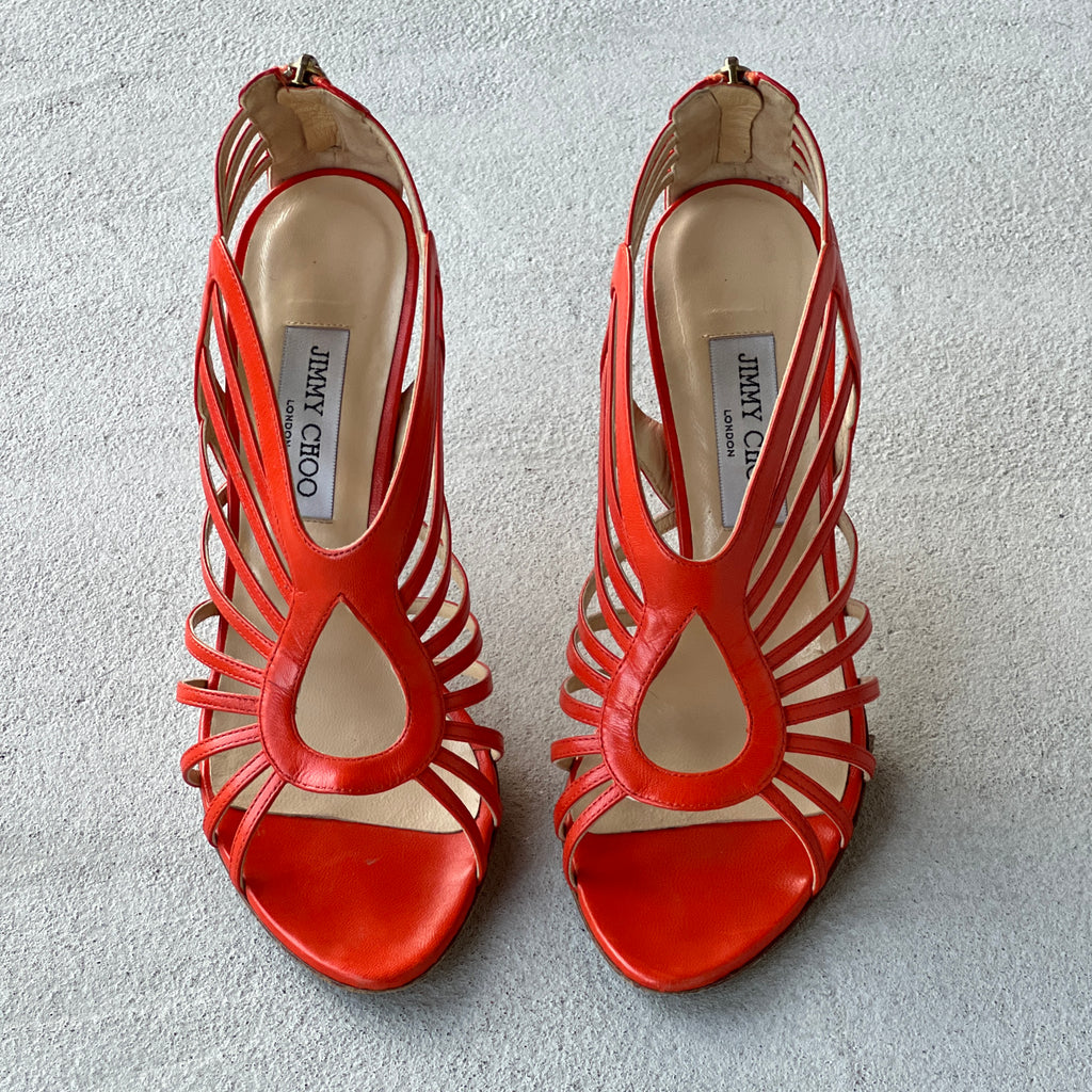 Jimmy Choo | Samoa Coral Orange Strappy Cage Stiletto Heels (40)