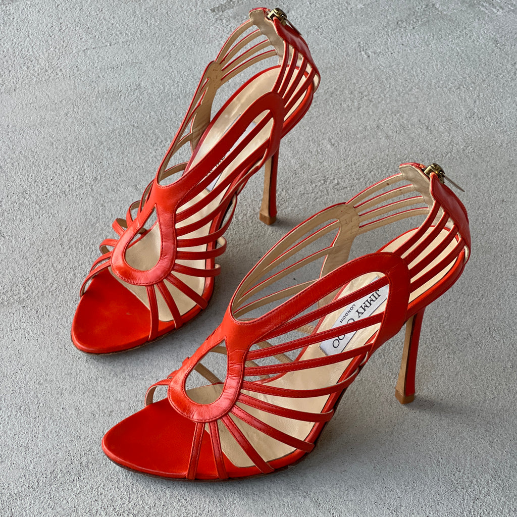 Jimmy Choo | Samoa Coral Orange Strappy Cage Stiletto Heels (40)
