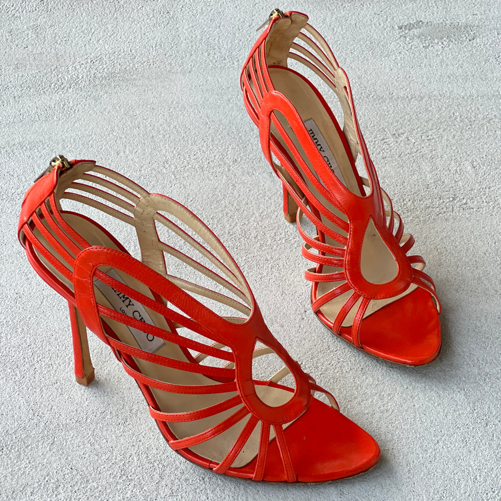 Jimmy Choo | Samoa Coral Orange Strappy Cage Stiletto Heels (40)
