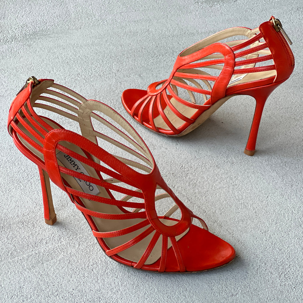 Jimmy Choo | Samoa Coral Orange Strappy Cage Stiletto Heels (40)