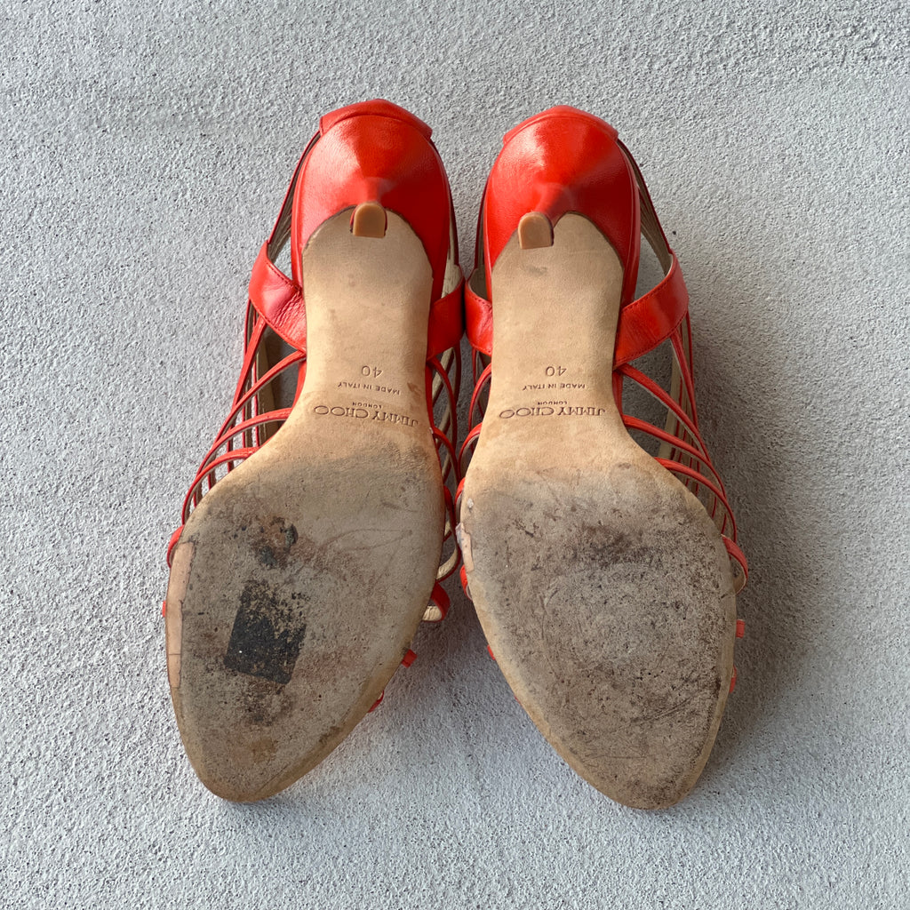 Jimmy Choo | Samoa Coral Orange Strappy Cage Stiletto Heels (40)