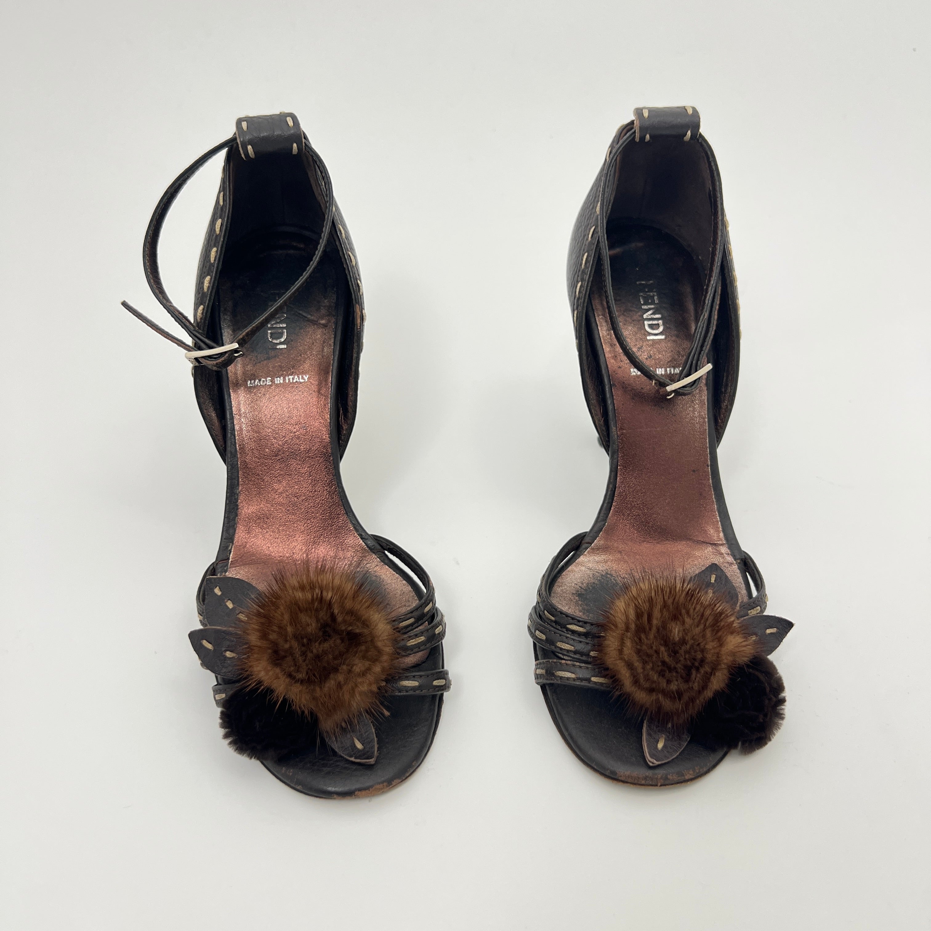 Fendi | Selleria Brown Leather Mink Fur Camellia Ankle Strap Stiletto Heels (35)