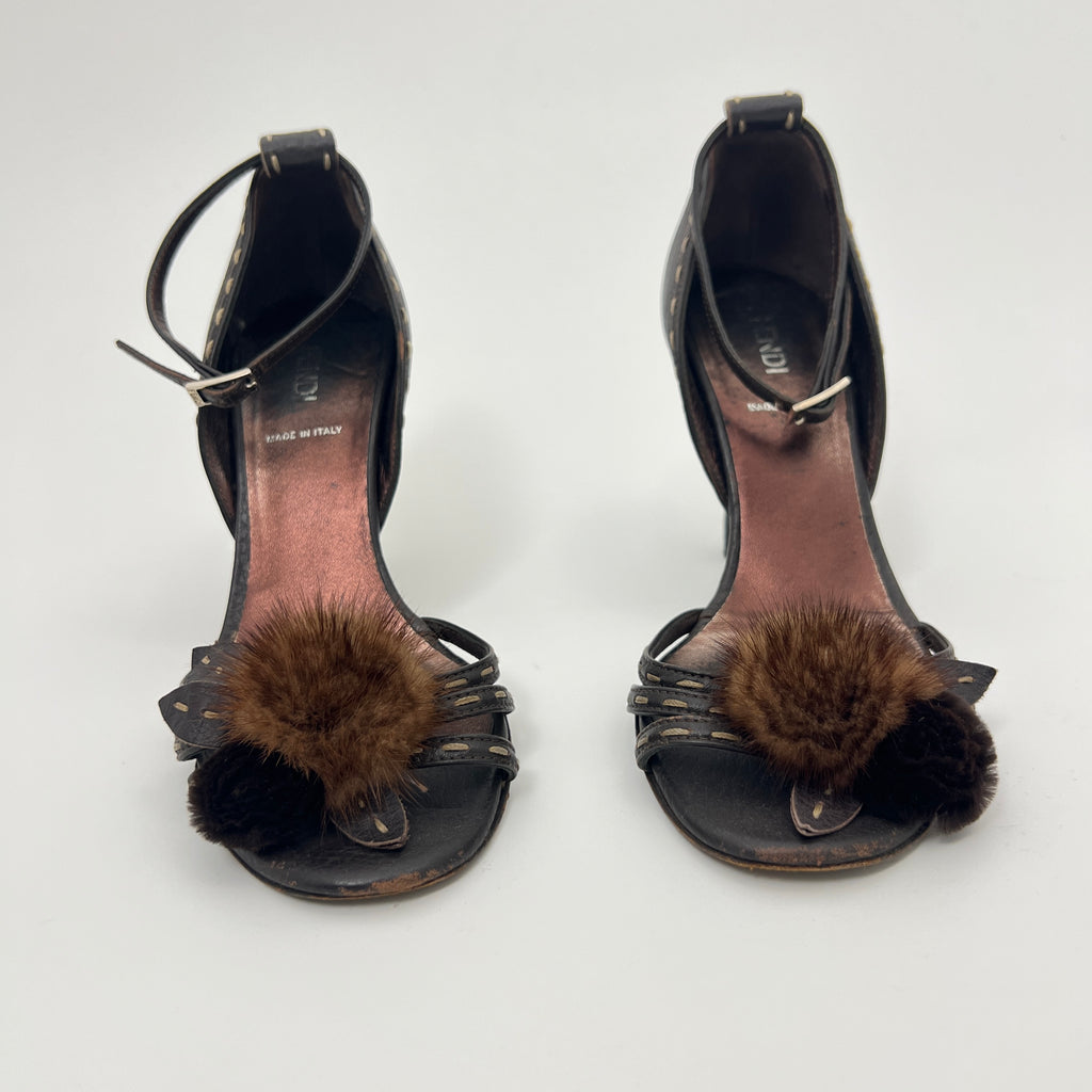Fendi | Selleria Brown Leather Mink Fur Camellia Ankle Strap Stiletto Heels (35)