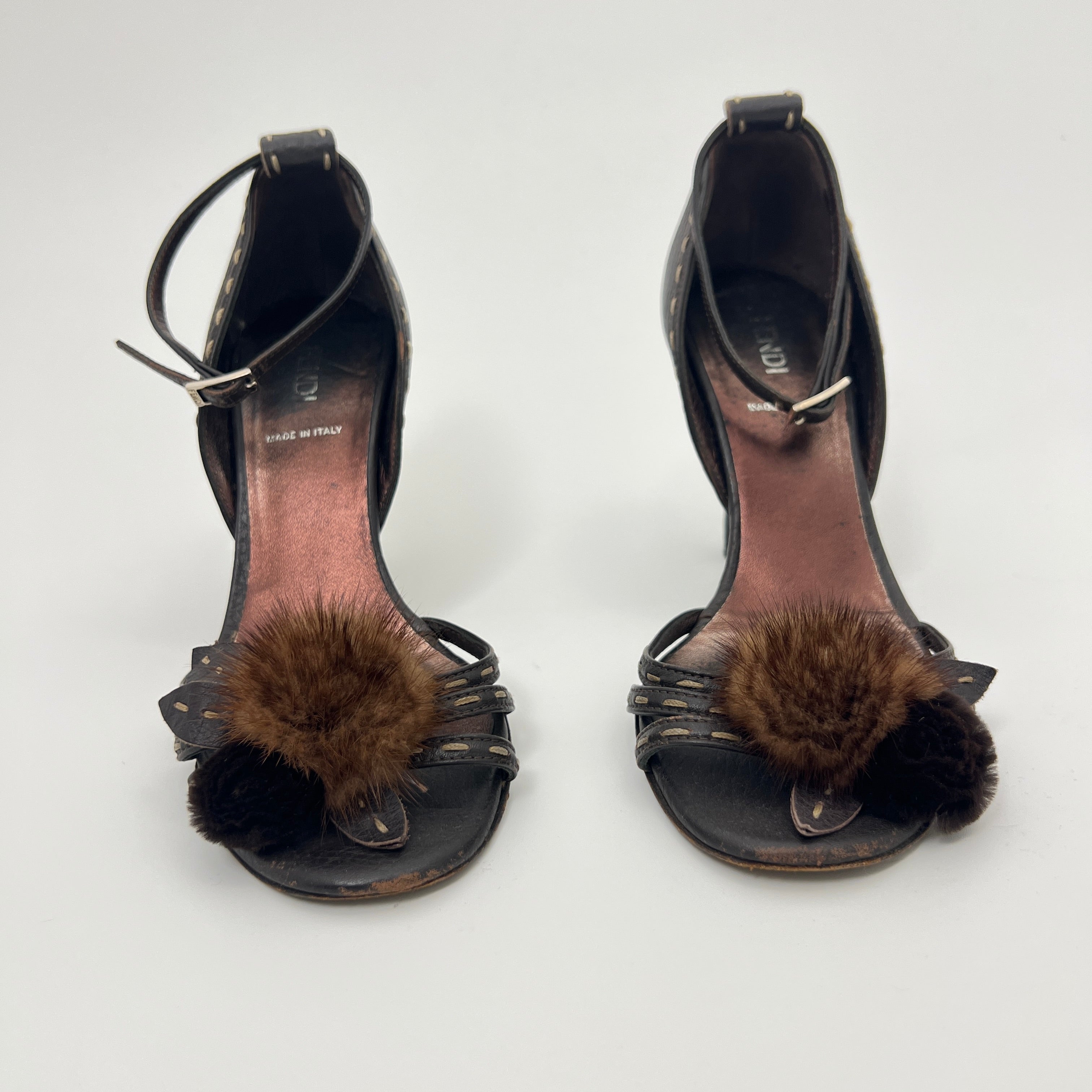 Fendi | Selleria Brown Leather Mink Fur Camellia Ankle Strap Stiletto Heels (35)