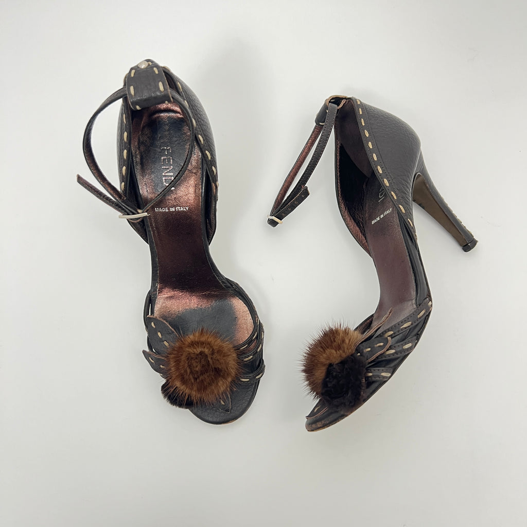 Fendi | Selleria Brown Leather Mink Fur Camellia Ankle Strap Stiletto Heels (35)