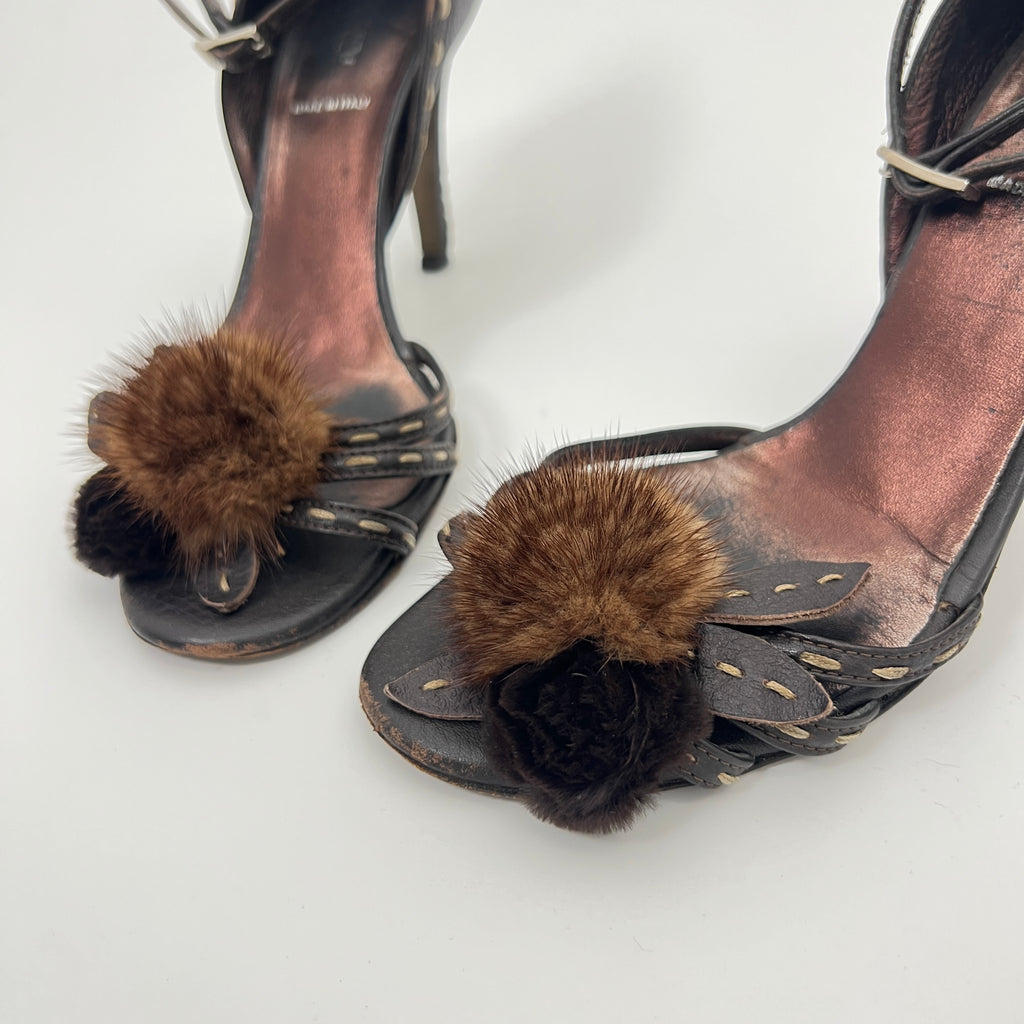 Fendi | Selleria Brown Leather Mink Fur Camellia Ankle Strap Stiletto Heels (35)