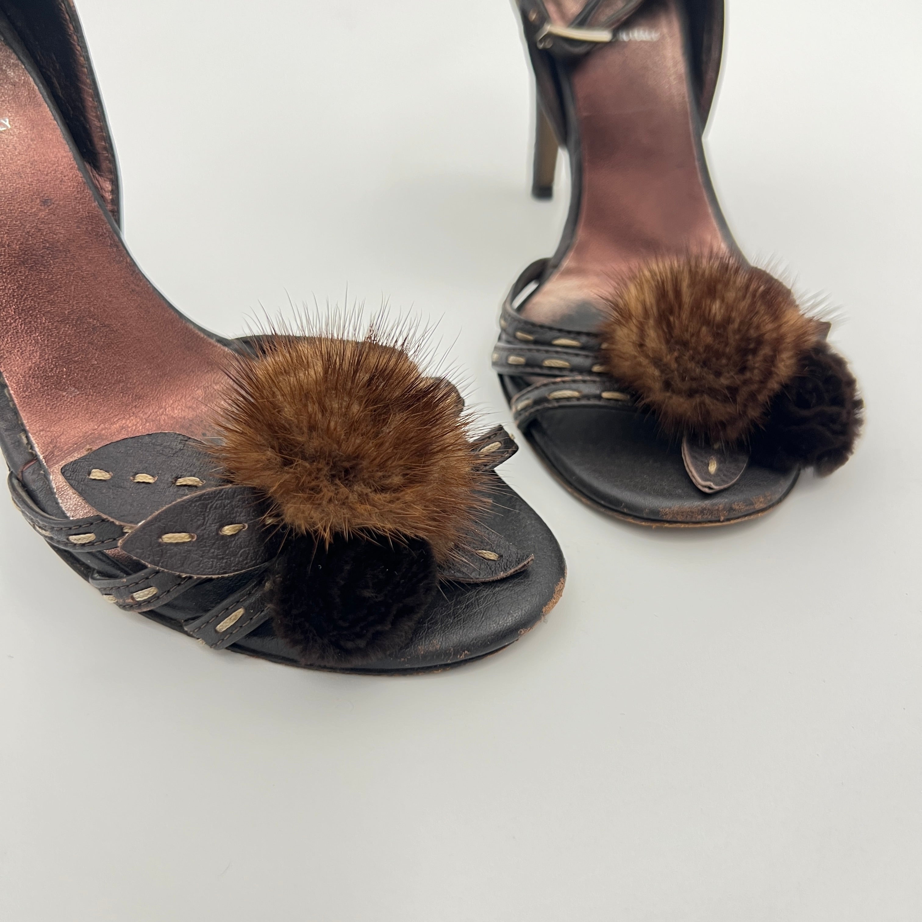 Fendi | Selleria Brown Leather Mink Fur Camellia Ankle Strap Stiletto Heels (35)