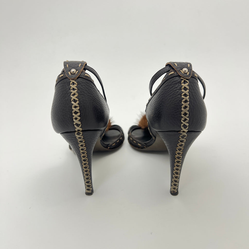 Fendi | Selleria Brown Leather Mink Fur Camellia Ankle Strap Stiletto Heels (35)