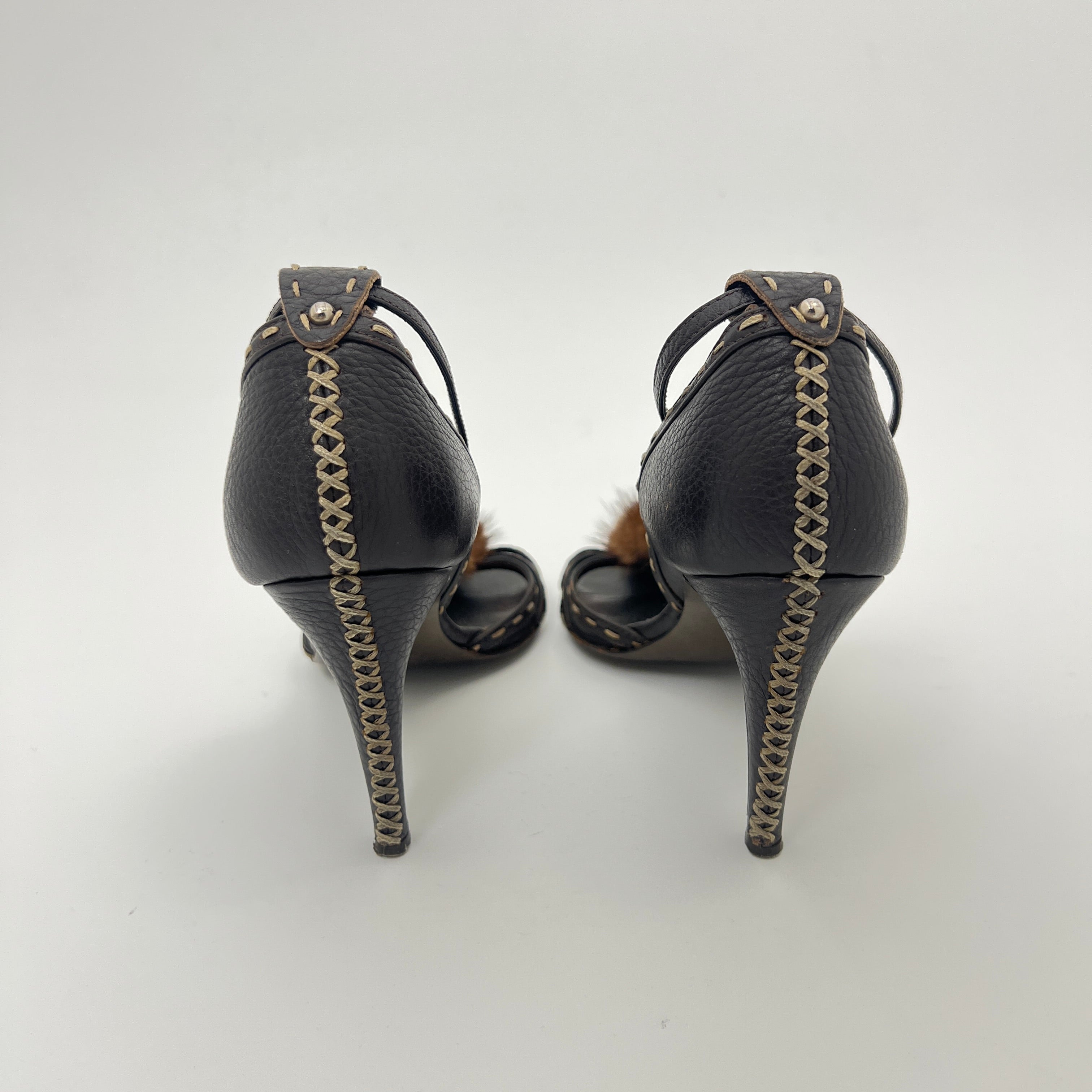 Fendi | Selleria Brown Leather Mink Fur Camellia Ankle Strap Stiletto Heels (35)