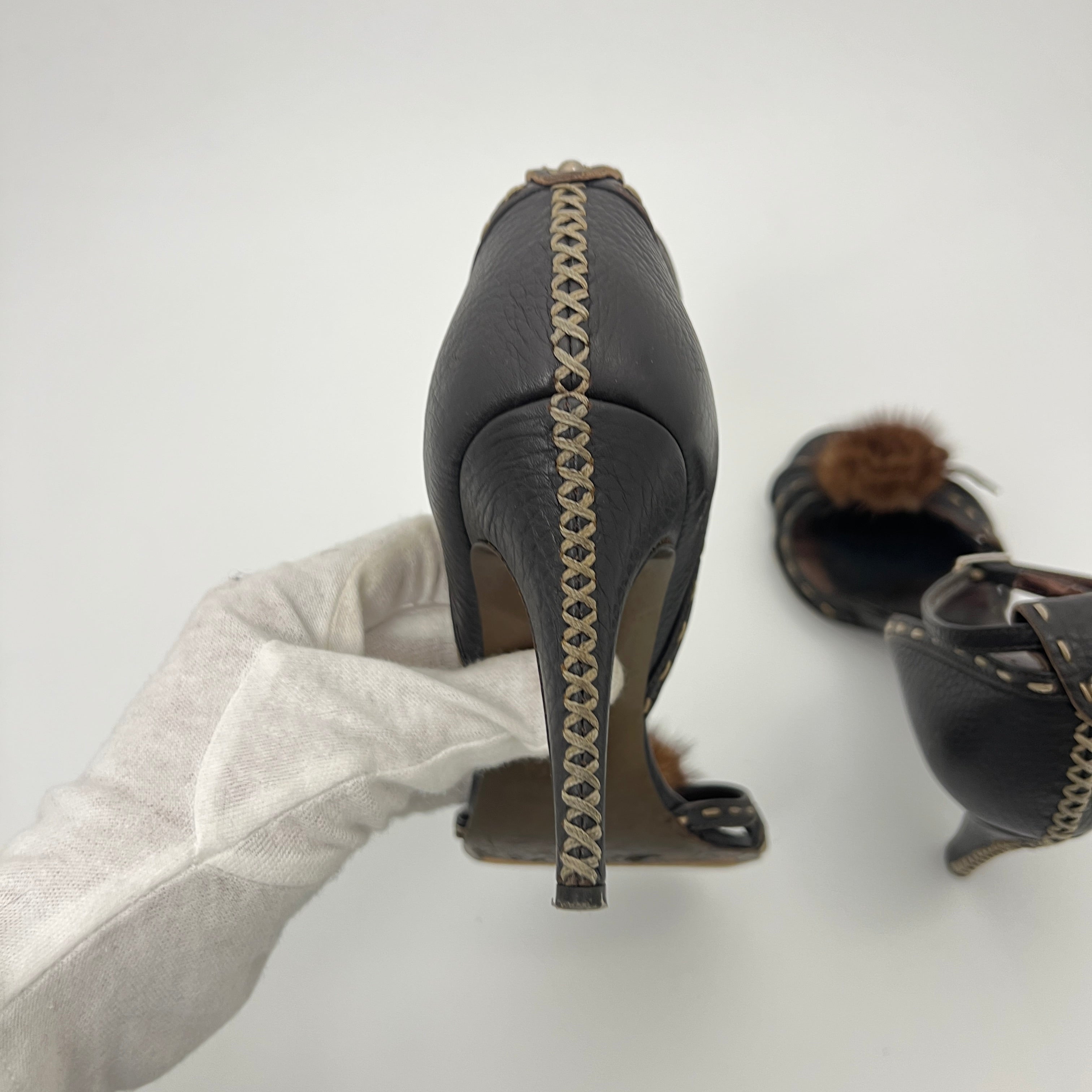 Fendi | Selleria Brown Leather Mink Fur Camellia Ankle Strap Stiletto Heels (35)