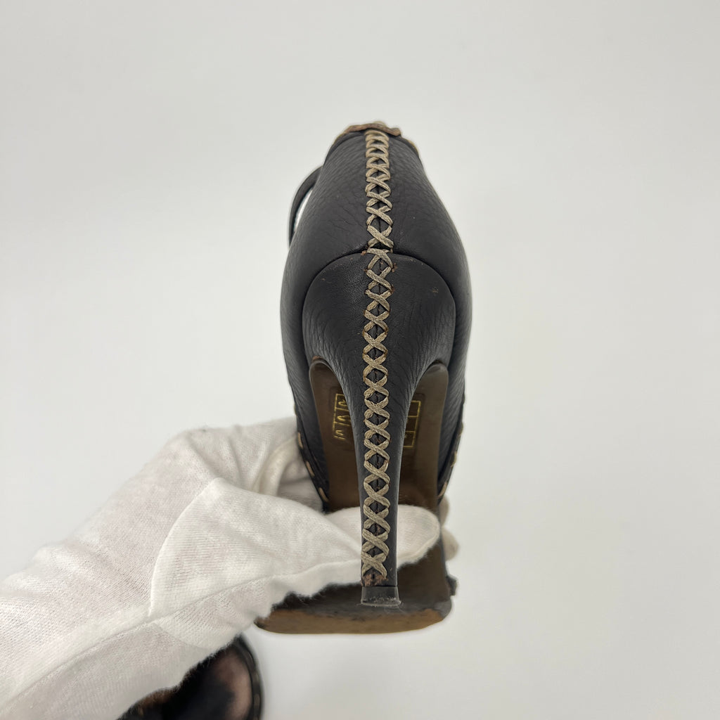 Fendi | Selleria Brown Leather Mink Fur Camellia Ankle Strap Stiletto Heels (35)
