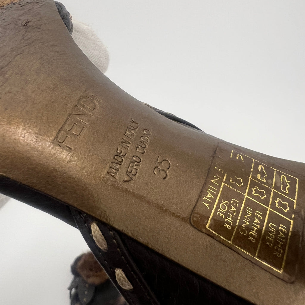 Fendi | Selleria Brown Leather Mink Fur Camellia Ankle Strap Stiletto Heels (35)