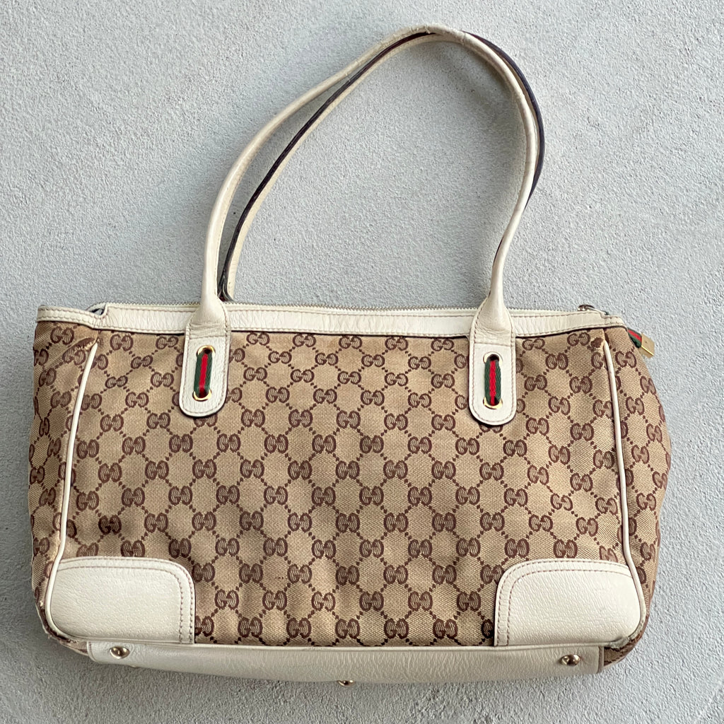 Gucci | Rare Vintage GG Monogram Web Stripe Canvas Leather Shoulder Bag Medium