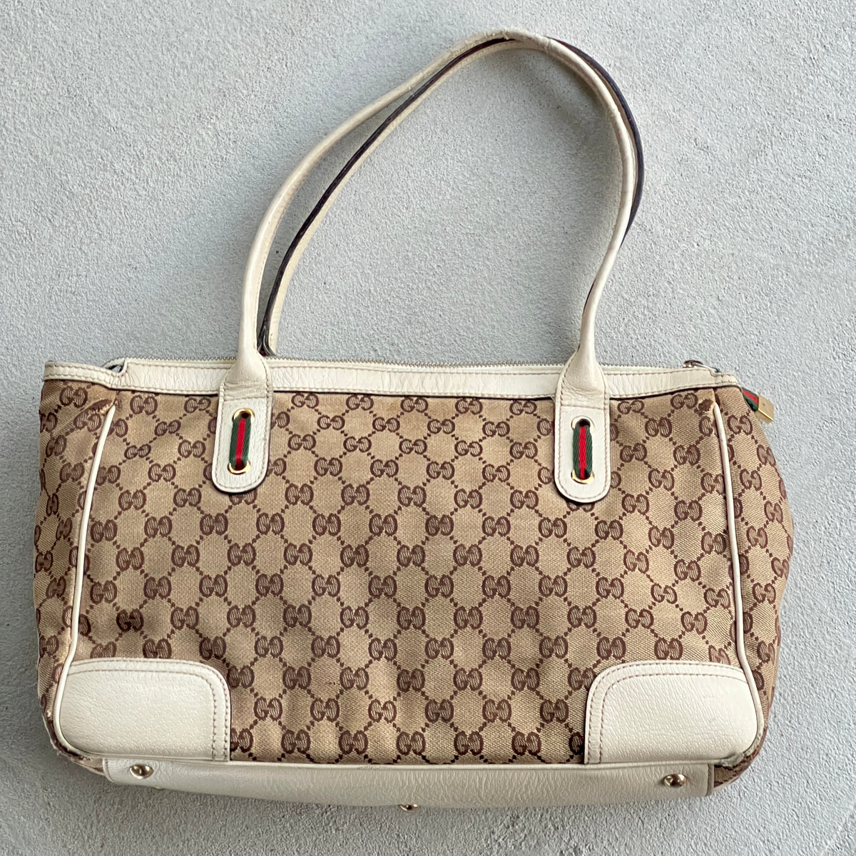 Gucci | Rare Vintage GG Monogram Web Stripe Canvas Leather Shoulder Bag Medium