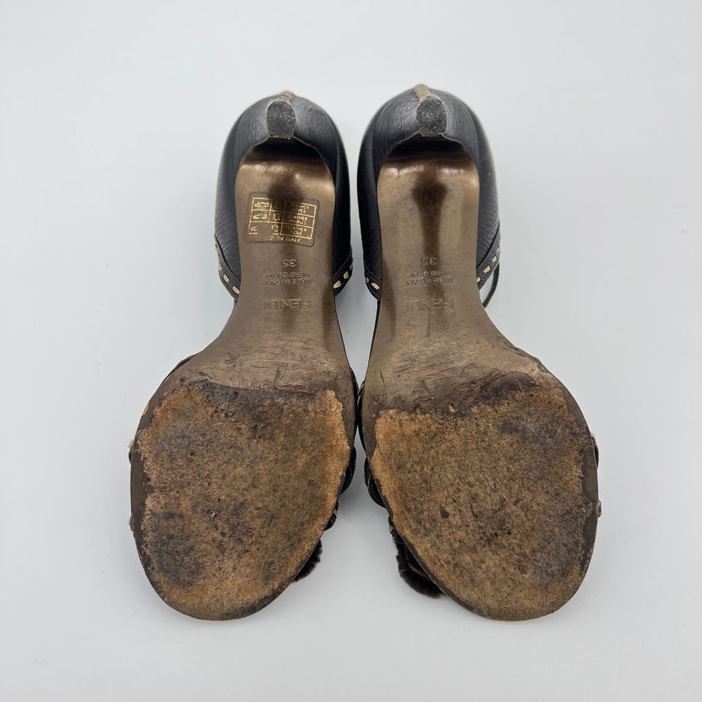 Fendi | Selleria Brown Leather Mink Fur Camellia Ankle Strap Stiletto Heels (35)