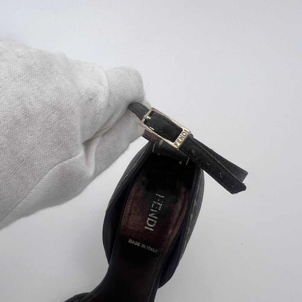 Fendi | Selleria Brown Leather Mink Fur Camellia Ankle Strap Stiletto Heels (35)