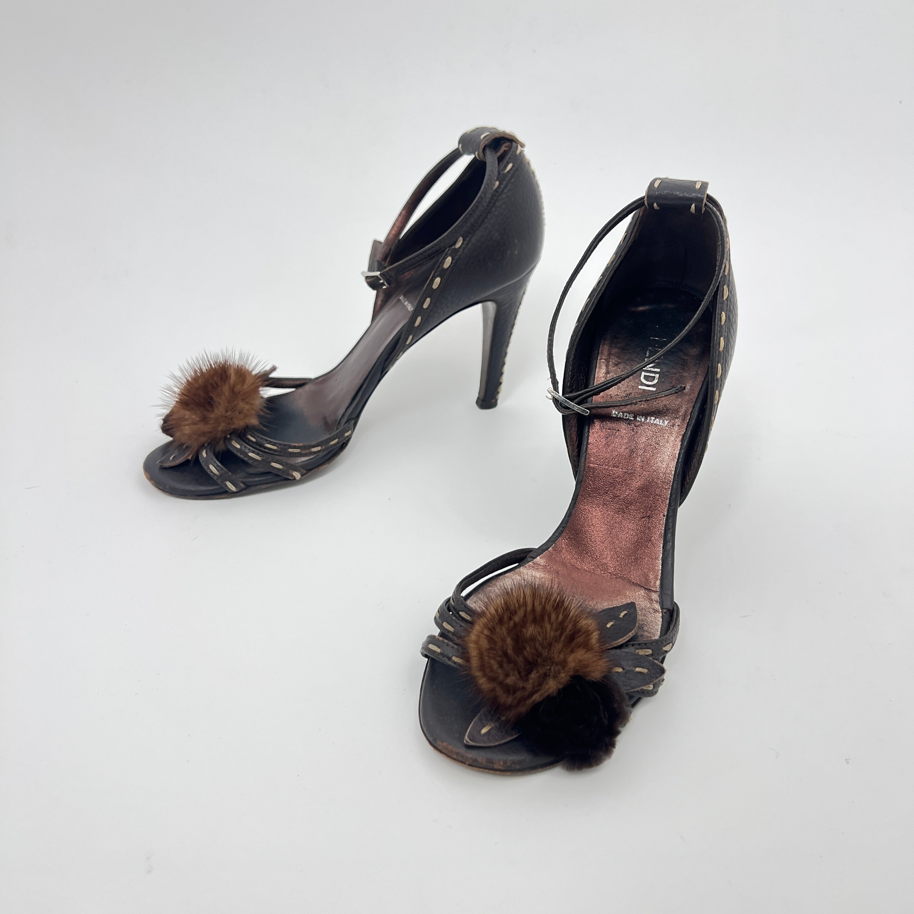 Fendi | Selleria Brown Leather Mink Fur Camellia Ankle Strap Stiletto Heels (35)