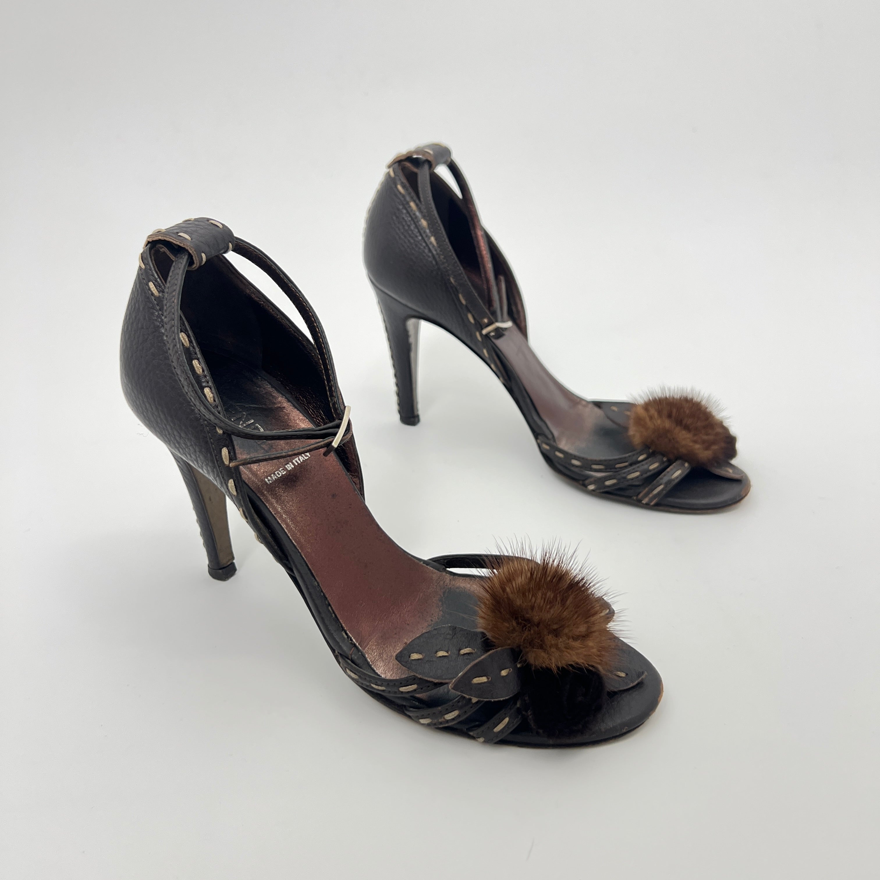 Fendi | Selleria Brown Leather Mink Fur Camellia Ankle Strap Stiletto Heels (35)