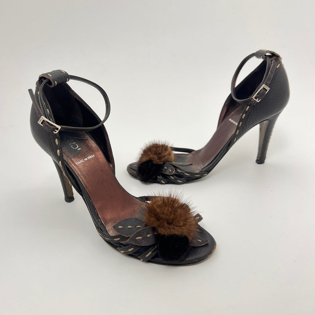 Fendi | Selleria Brown Leather Mink Fur Camellia Ankle Strap Stiletto Heels (35)
