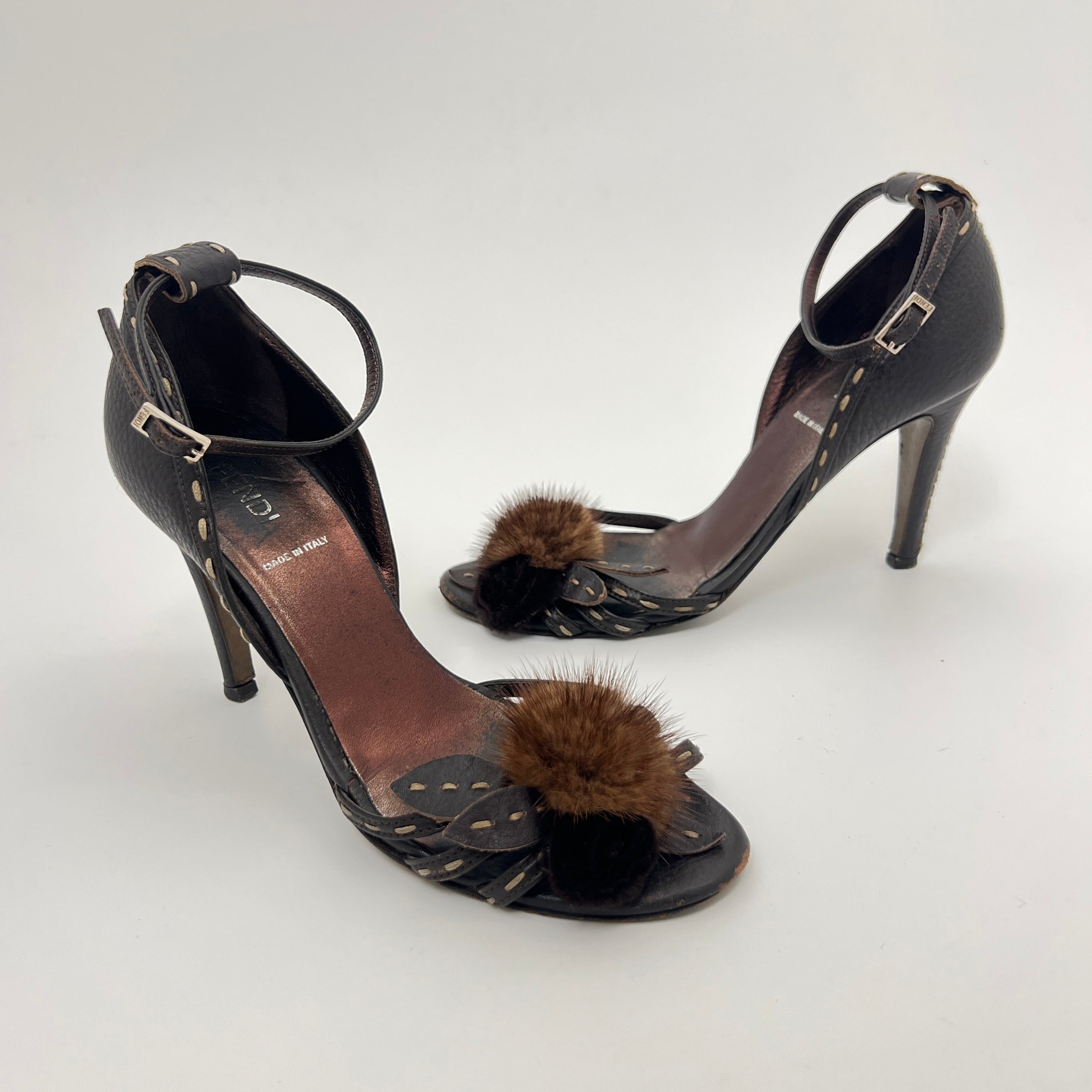 Fendi | Selleria Brown Leather Mink Fur Camellia Ankle Strap Stiletto Heels (35)